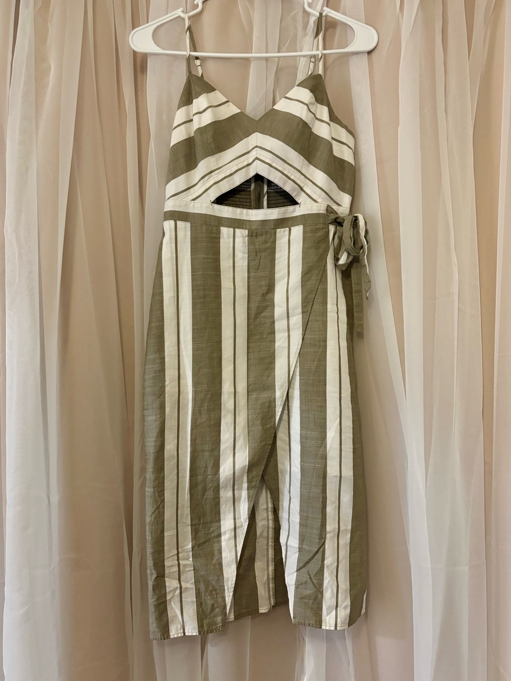 Express Size 2 Cutout Front Grey & White Striped Midi Split Dress Linen Blend